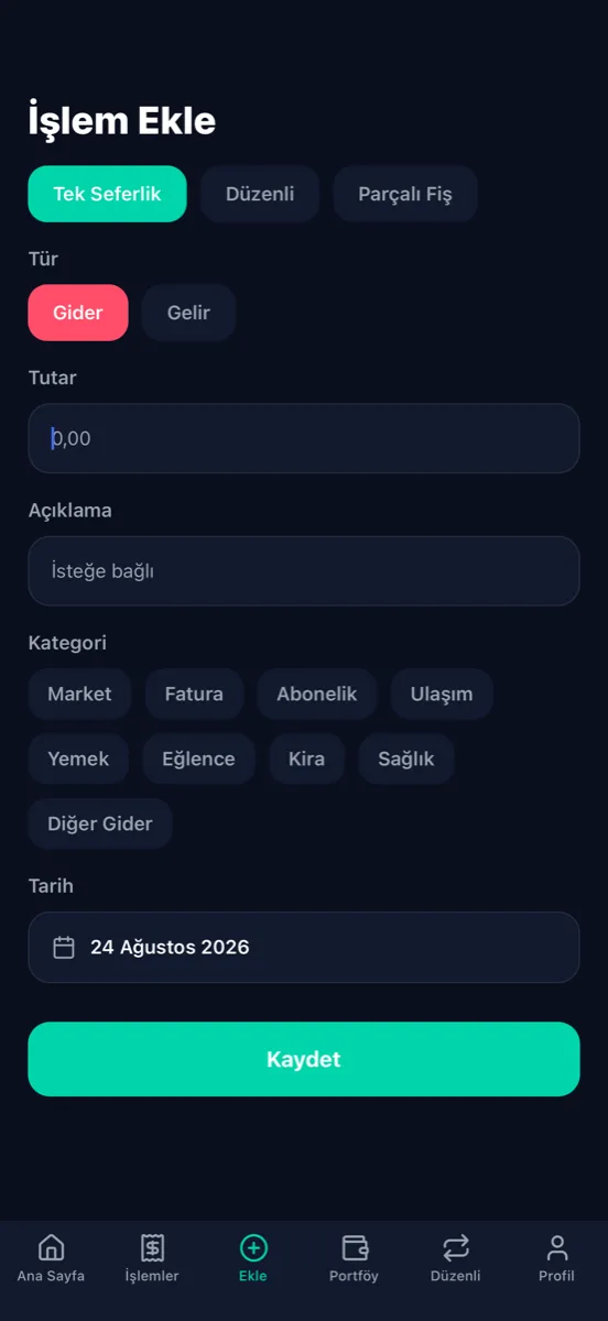 Cepte işlem ekleme ekranı: tutar, kategori ve tarih girişi